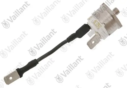 Vaillant Sicherheitstemperaturbegrenzer mit einem schwarzen Kabel und zwei Anschlussklemmen, montiert in einem kompakten Gehäuse.